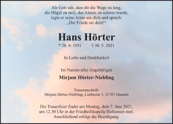 Traueranzeige von Hans Hörter von Deister- und Weserzeitung