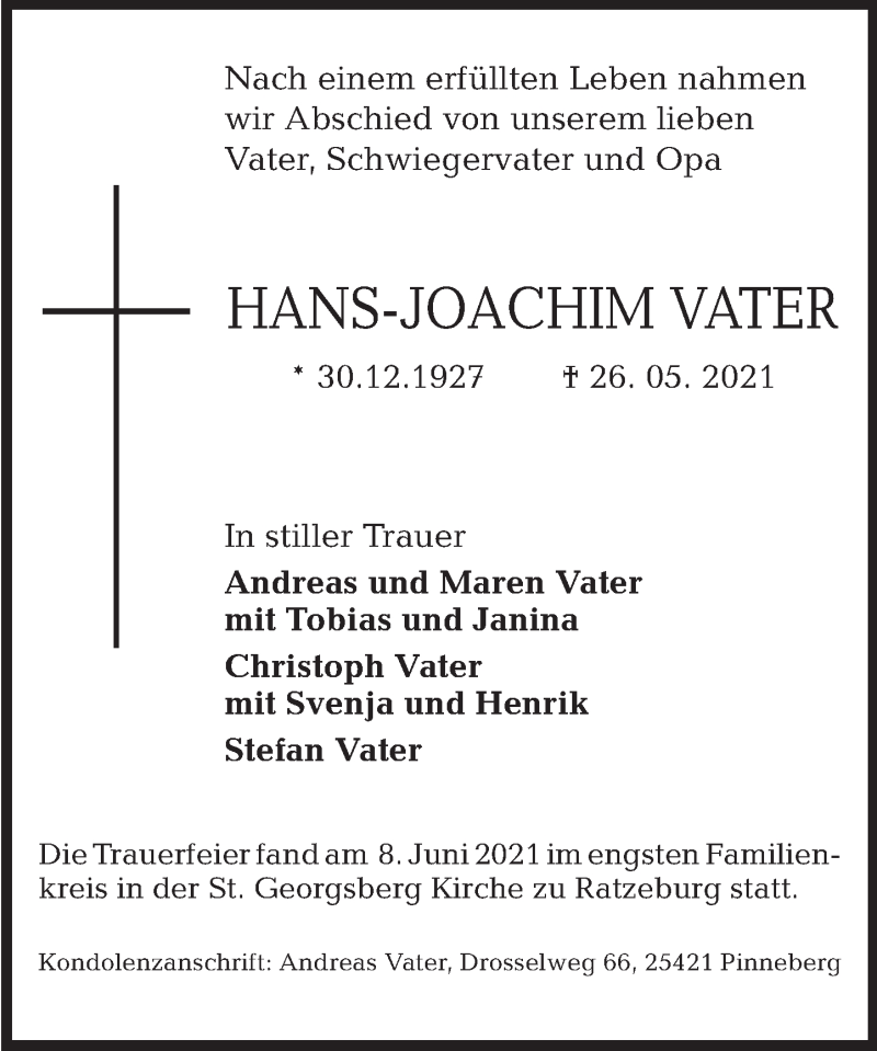  Traueranzeige für Hans-Joachim Vater vom 12.06.2021 aus Deister- und Weserzeitung