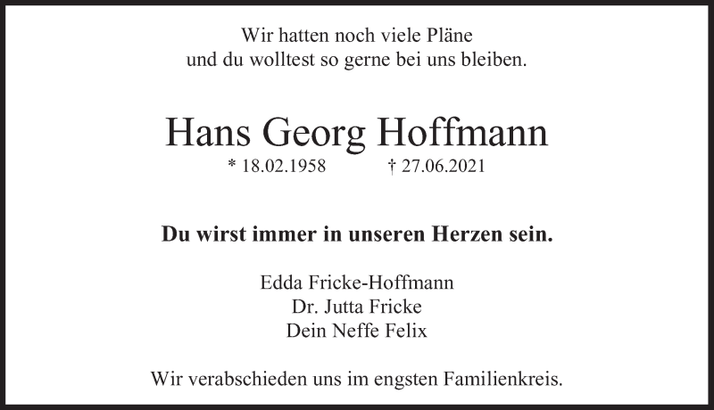  Traueranzeige für Hans Georg Hoffmann vom 03.07.2021 aus Deister- und Weserzeitung