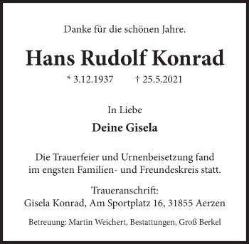 Traueranzeige von Hans Rudolf Konrad von Deister- und Weserzeitung