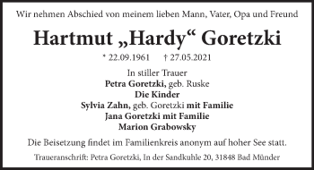 Traueranzeige von Hartmut  Goretzki von Neue Deister-Zeitung