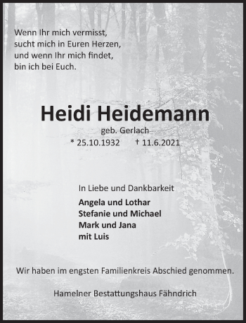 Traueranzeige von Heidi Heidemann von Deister- und Weserzeitung