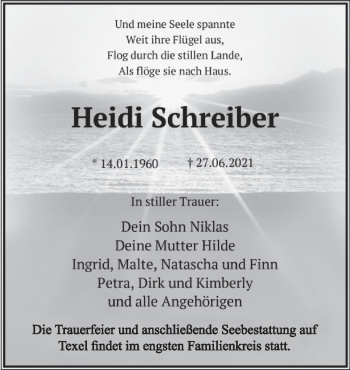 Traueranzeige von Heidi Schreiber von Deister- und Weserzeitung
