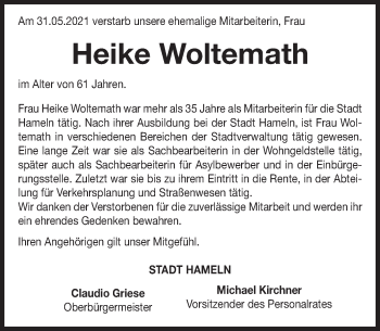 Traueranzeige von Heike Woltemath von Deister- und Weserzeitung