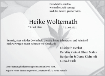Traueranzeige von Heike Woltemath von Deister- und Weserzeitung