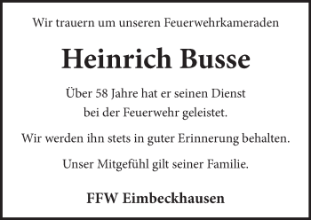 Traueranzeige von Heinrich  Busse von Neue Deister-Zeitung