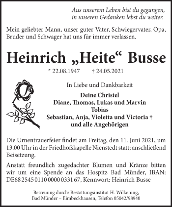 Traueranzeige von Heinrich  Busse von Neue Deister-Zeitung