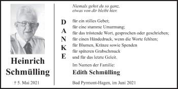 Traueranzeige von Heinrich Schmülling von Deister- und Weserzeitung