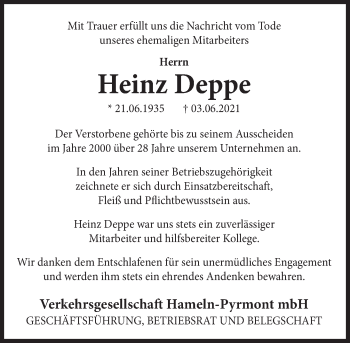 Traueranzeige von Heinz Deppe von Deister- und Weserzeitung