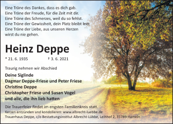Traueranzeige von Heinz Deppe von Deister- und Weserzeitung