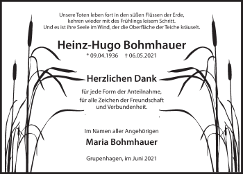 Traueranzeige von Heinz-Hugo Bohmhauer von Deister- und Weserzeitung