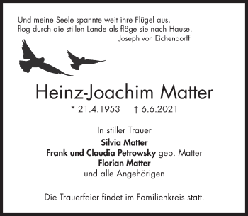 Traueranzeige von Heinz-Joachim Matter von Deister- und Weserzeitung