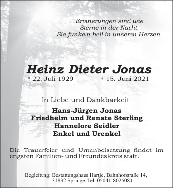 Traueranzeige von Heinz Dieter Jonas von Neue Deister-Zeitung