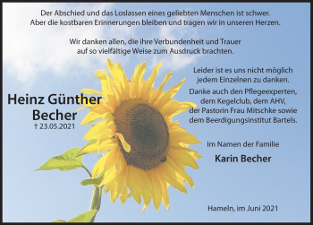 Traueranzeige von Heinz Günther Becher von Deister- und Weserzeitung