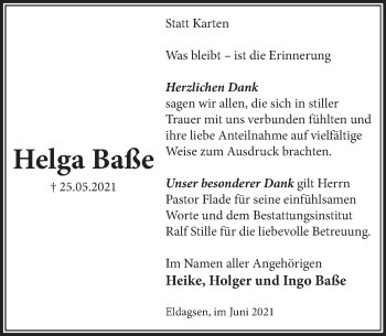 Traueranzeige von Helga Baße von Neue Deister-Zeitung
