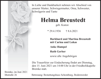 Traueranzeige von Helma Breustedt von Deister- und Weserzeitung