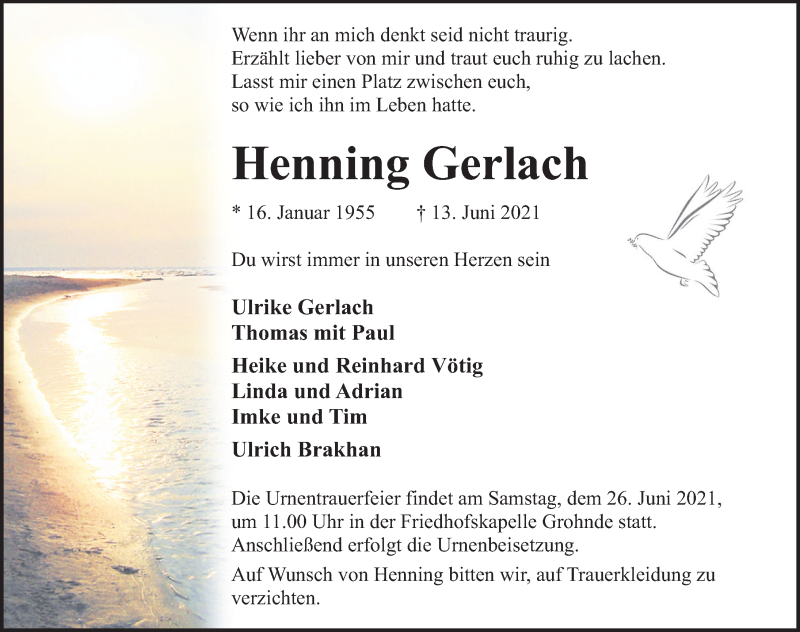 Traueranzeige für Henning Gerlach vom 19.06.2021 aus Deister- und Weserzeitung