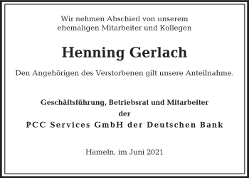 Traueranzeige von Henning Gerlach von Deister- und Weserzeitung