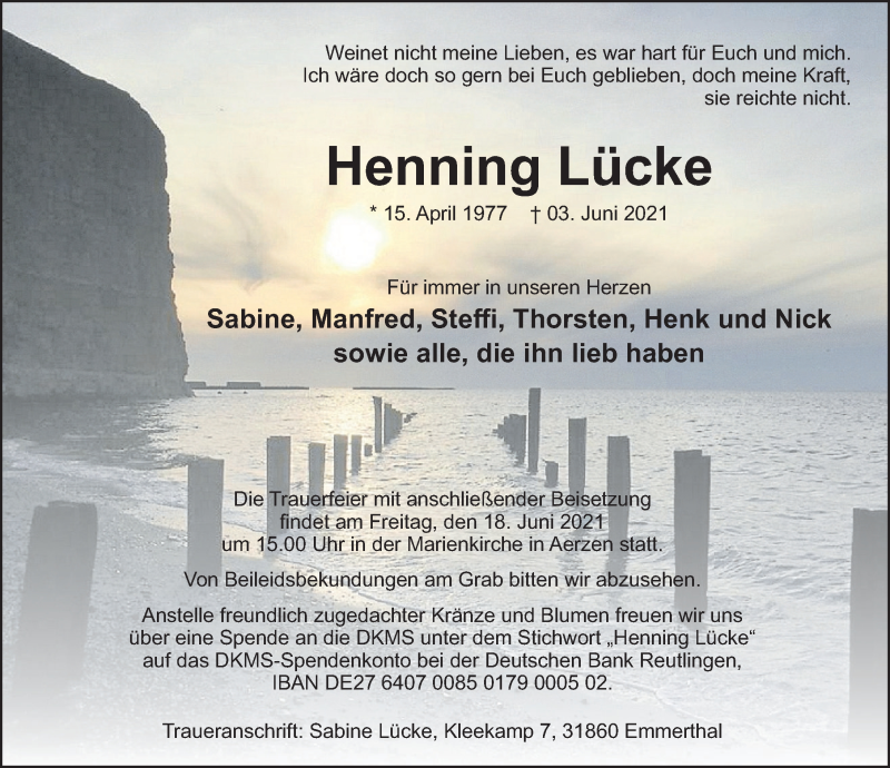  Traueranzeige für Henning Lücke vom 12.06.2021 aus Deister- und Weserzeitung