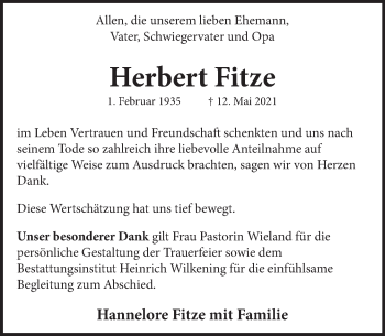 Traueranzeige von Herbert Fitze von Neue Deister-Zeitung