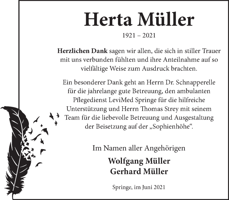  Traueranzeige für Herta Müller vom 05.06.2021 aus Neue Deister-Zeitung