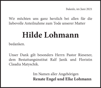 Traueranzeige von Hilde Lohmann von Neue Deister-Zeitung