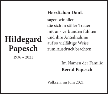 Traueranzeige von Hildegard Papesch von Neue Deister-Zeitung