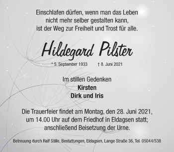 Traueranzeige von Hildegard Pilster von Neue Deister-Zeitung