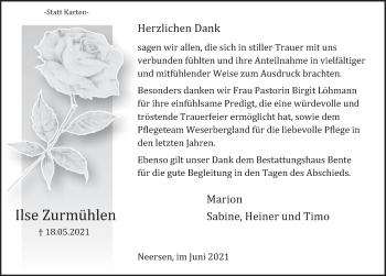 Traueranzeige von Ilse Zurmühlen von Deister- und Weserzeitung
