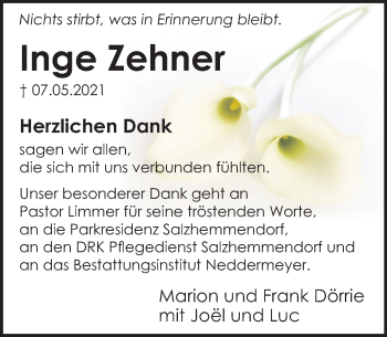 Traueranzeige von Inge Zehner von Deister- und Weserzeitung
