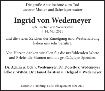 Traueranzeige von Ingrid von Wedemeyer von Neue Deister-Zeitung