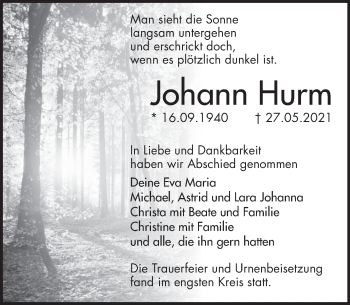 Traueranzeige von Johann Hurm von Deister- und Weserzeitung