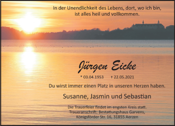 Traueranzeige von Jürgen Eicke von Deister- und Weserzeitung