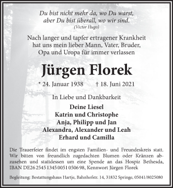 Traueranzeige von Jürgen Florek von Neue Deister-Zeitung