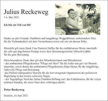 Traueranzeige von Julius Reckeweg von Deister- und Weserzeitung