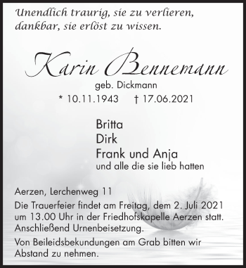 Traueranzeige von Karin Bennemann von Deister- und Weserzeitung