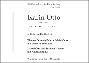 Traueranzeige von Karin Otto von Deister- und Weserzeitung