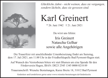 Traueranzeige von Karl Greinert von Deister- und Weserzeitung