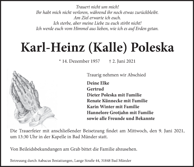  Traueranzeige für Karl-Heinz Poleska vom 07.06.2021 aus Neue Deister-Zeitung