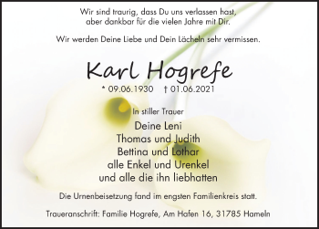Traueranzeige von Karl Hogrefe von Deister- und Weserzeitung