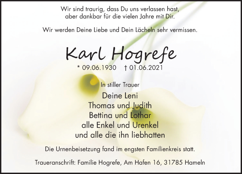  Traueranzeige für Karl Hogrefe vom 26.06.2021 aus Deister- und Weserzeitung