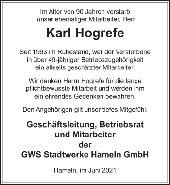 Traueranzeige von Karl Hogrefe von Deister- und Weserzeitung