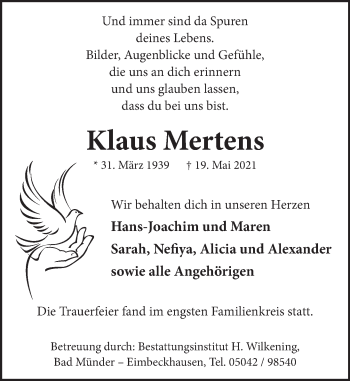 Traueranzeige von Klaus Mertens von Neue Deister-Zeitung