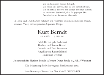 Traueranzeige von Kurt Berndt von Neue Deister-Zeitung