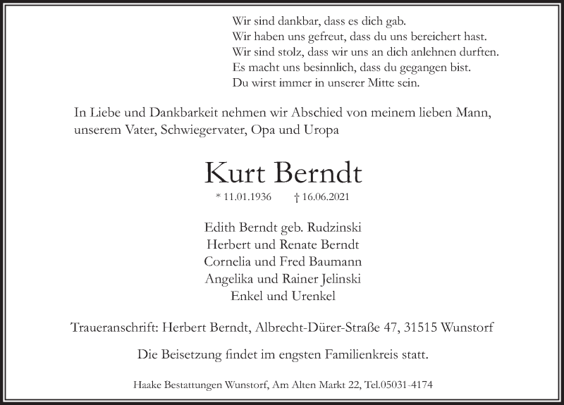  Traueranzeige für Kurt Berndt vom 26.06.2021 aus Neue Deister-Zeitung