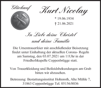 Traueranzeige von Kurt Nicolay von Deister- und Weserzeitung