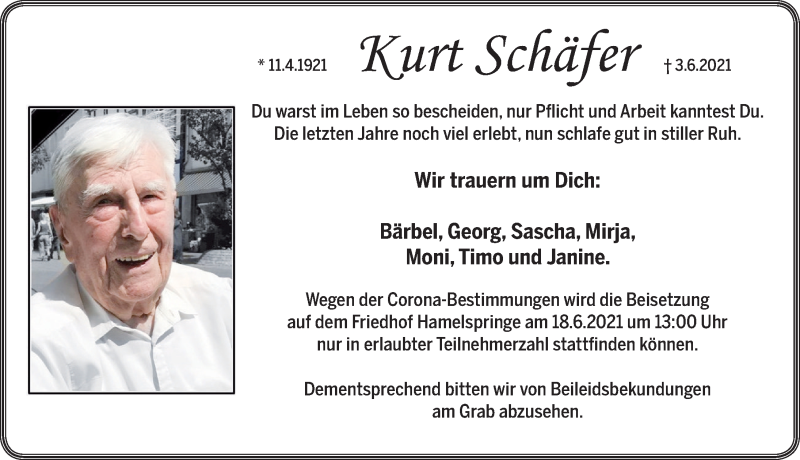  Traueranzeige für Kurt Schäfer vom 16.06.2021 aus Neue Deister-Zeitung