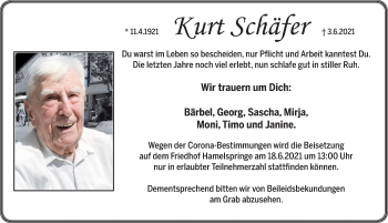Traueranzeige von Kurt Schäfer von Neue Deister-Zeitung