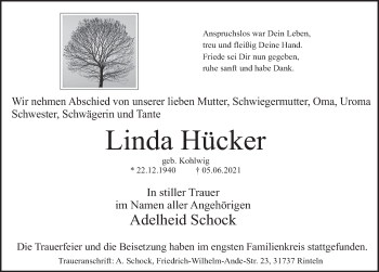 Traueranzeige von Linda Hücker von Deister- und Weserzeitung