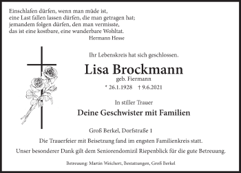 Traueranzeige von Lisa Brockmann von Deister- und Weserzeitung